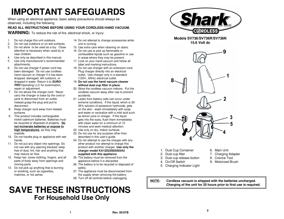 Shark For Household Use Only, Models SV736/SV736R/SV736N 15.6 Volt dc, Important Safeguards, Save These Instructions 
