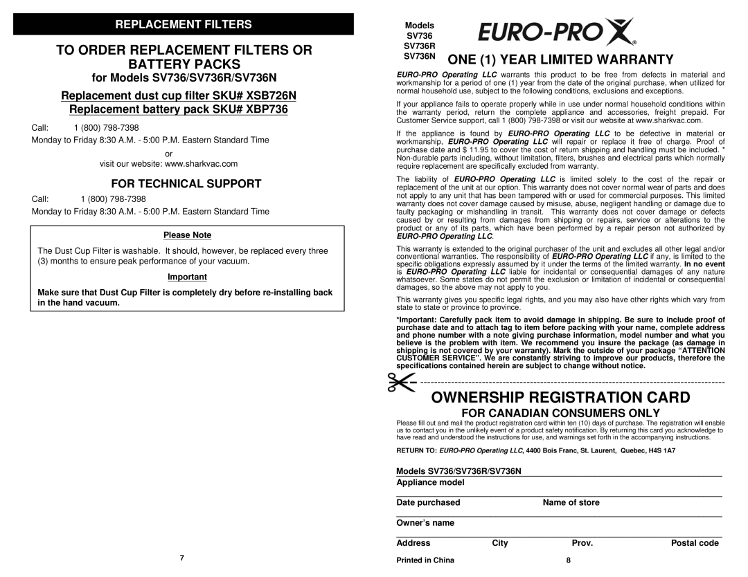 Shark manual Ownership Registration Card, To Order Replacement Filters Or Battery Packs, for Models SV736/SV736R/SV736N 