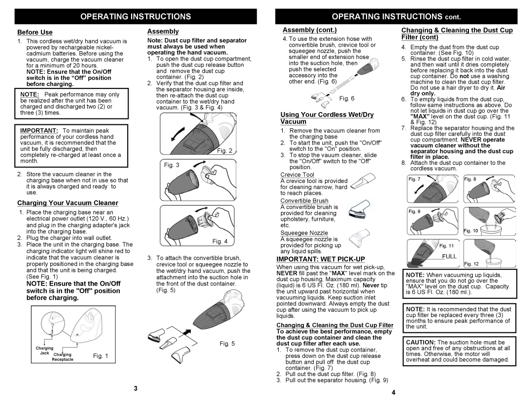 Shark SV745 Operating Instructions, Before Use, Charging Your Vacuum Cleaner, Assembly cont, Important Wet Pick-Up 