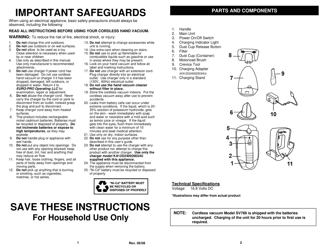 Shark Sv769 Parts and Components, Technical Specifications, Do not use the hand vacuum cleaner without filter in place 