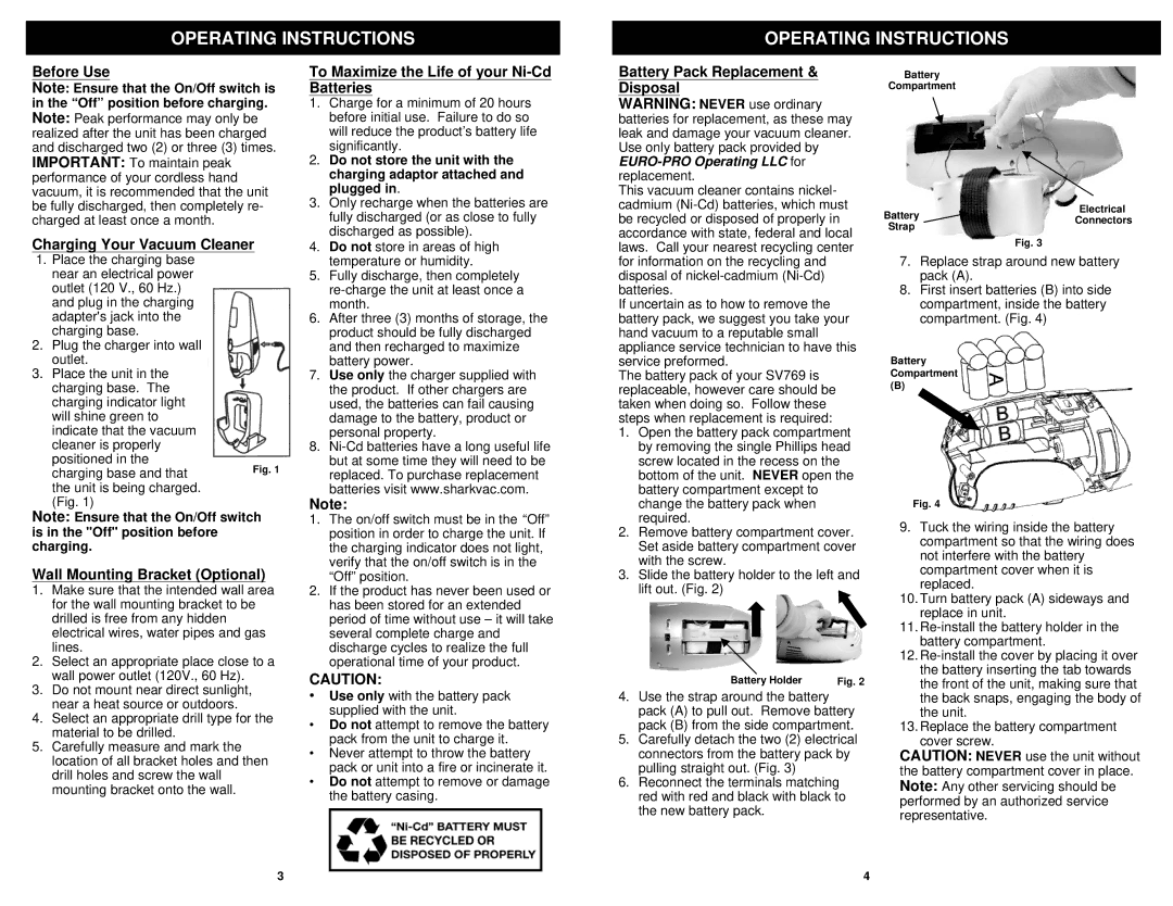 Shark Sv769 manual Operating Instructions, Before Use Charging Your Vacuum Cleaner, Wall Mounting Bracket Optional 