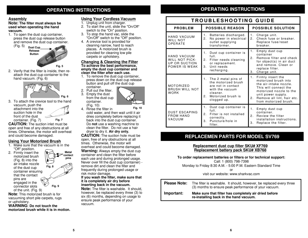 Shark Sv769 manual Replacemen Parts for Model SV769, Assembly, Using Your Motorized Brush, Using Your Cordless Vacuum 