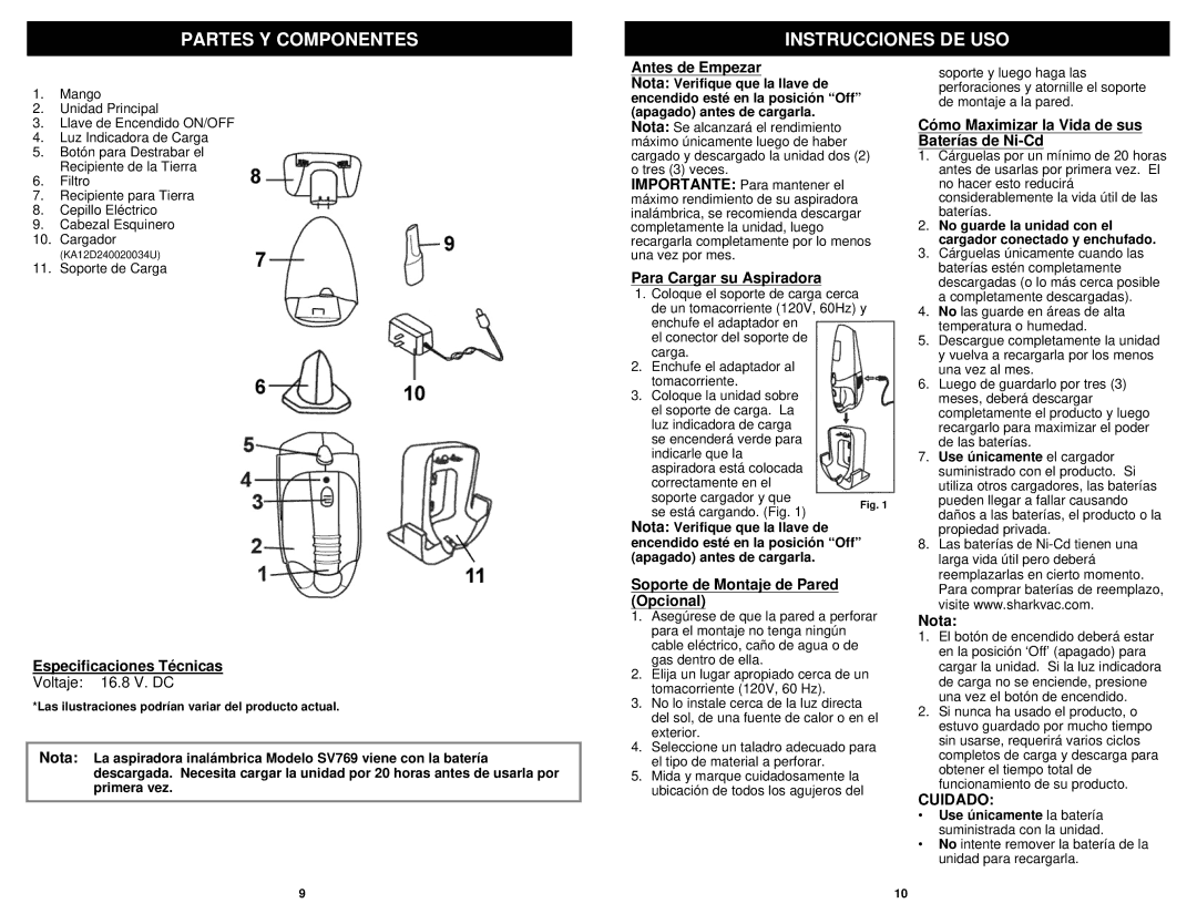 Shark Sv769 manual Partes Y Componentes Instrucciones DE USO 