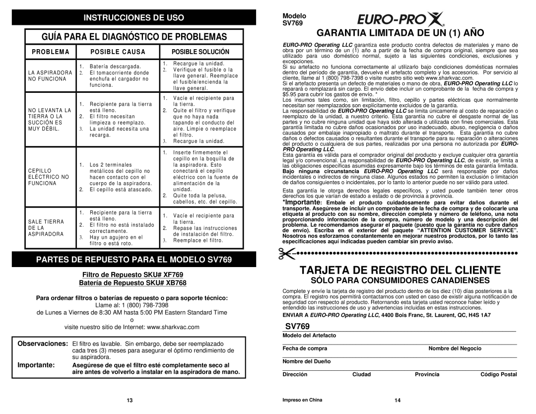 Shark Sv769 manual Tarjeta DE Registro DEL Cliente, Garantía Limitada DE UN 1 AÑO, Partes DE Repuesto Para EL Modelo SV769 