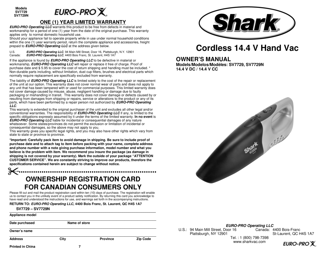 Shark SV7729N owner manual Cordless 14.4 V Hand Vac, ONE 1 Year Limited Warranty 