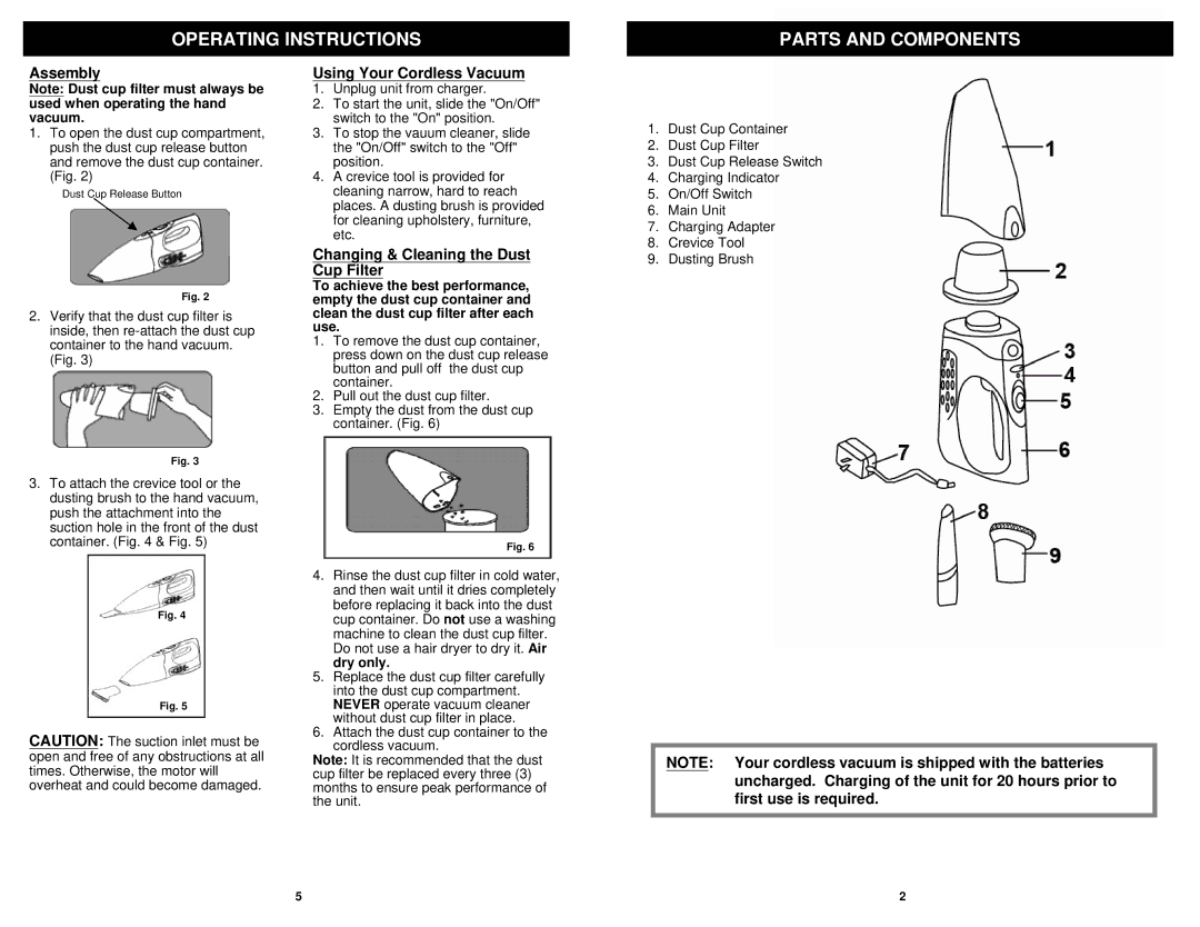 Shark SV7729N owner manual Operating Instructions Parts and Components, Assembly, Using Your Cordless Vacuum 