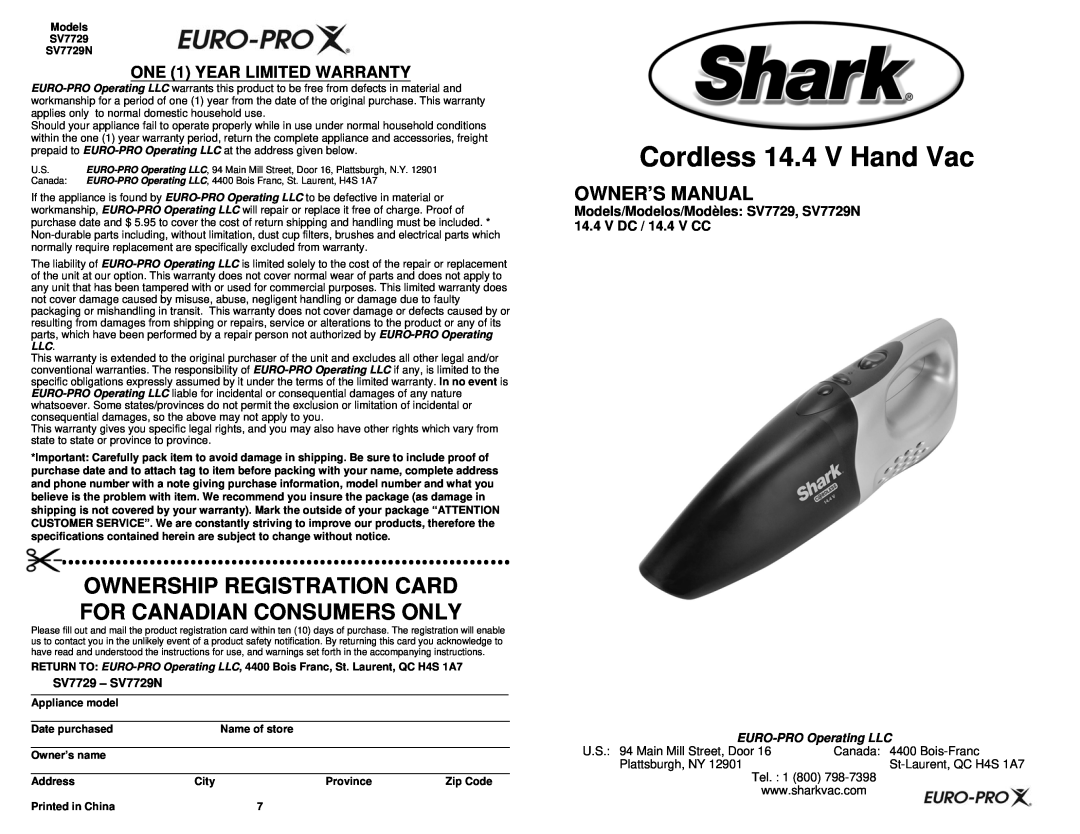 Shark SV7729 owner manual Cordless 14.4 V Hand Vac, ONE 1 YEAR LIMITED WARRANTY, Owner’S Manual, EURO-PRO Operating LLC 