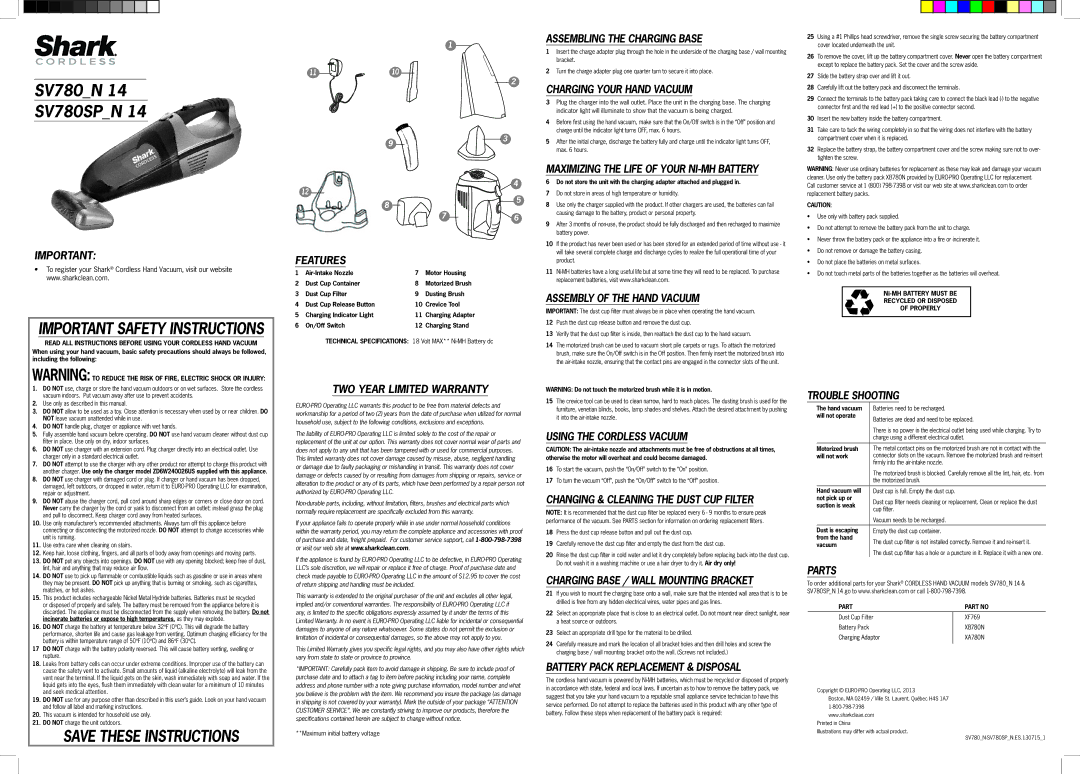 Shark SV780 important safety instructions Features, TWO Year Limited Warranty, Assembling the Charging Base, Parts 