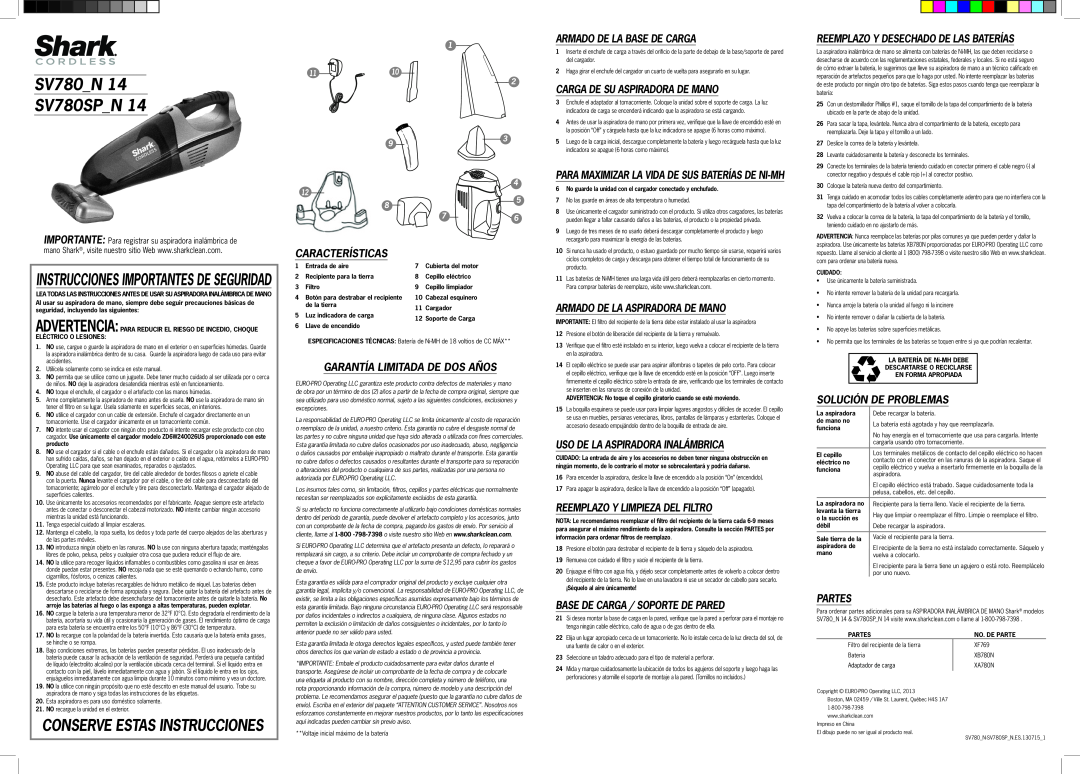 Shark important safety instructions Conserve Estas Instrucciones, SV780N SV780SPN 