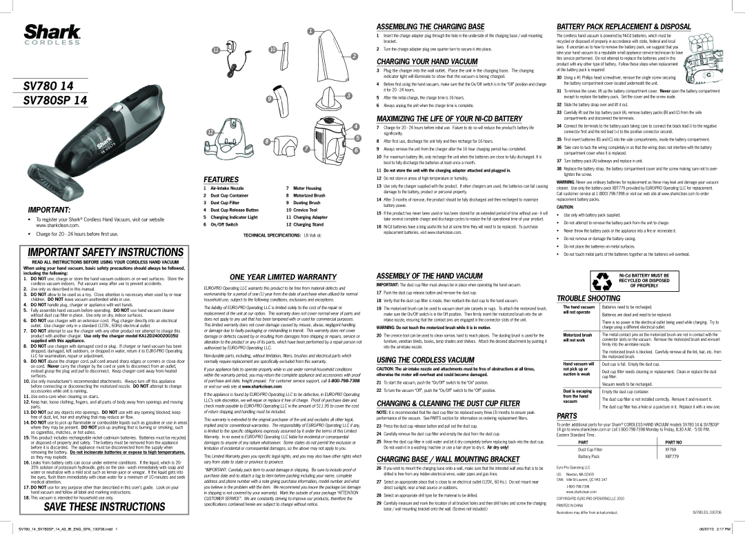 Shark SV780 14, SV780SP 14 important safety instructions Features, ONE Year Limited Warranty, Assembling the Charging Base 