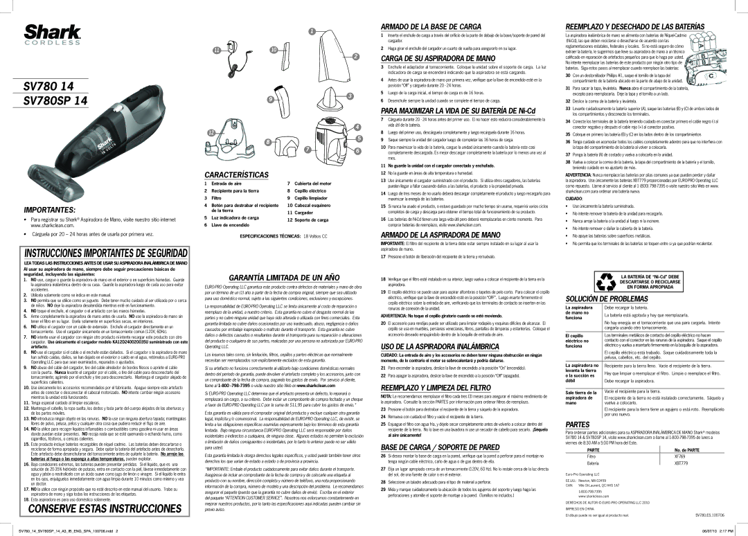 Shark SV780SP 14 Armado DE LA Base DE Carga, Carga DE SU Aspiradora DE Mano, Reemplazo Y Desechado DE LAS Baterías, Partes 