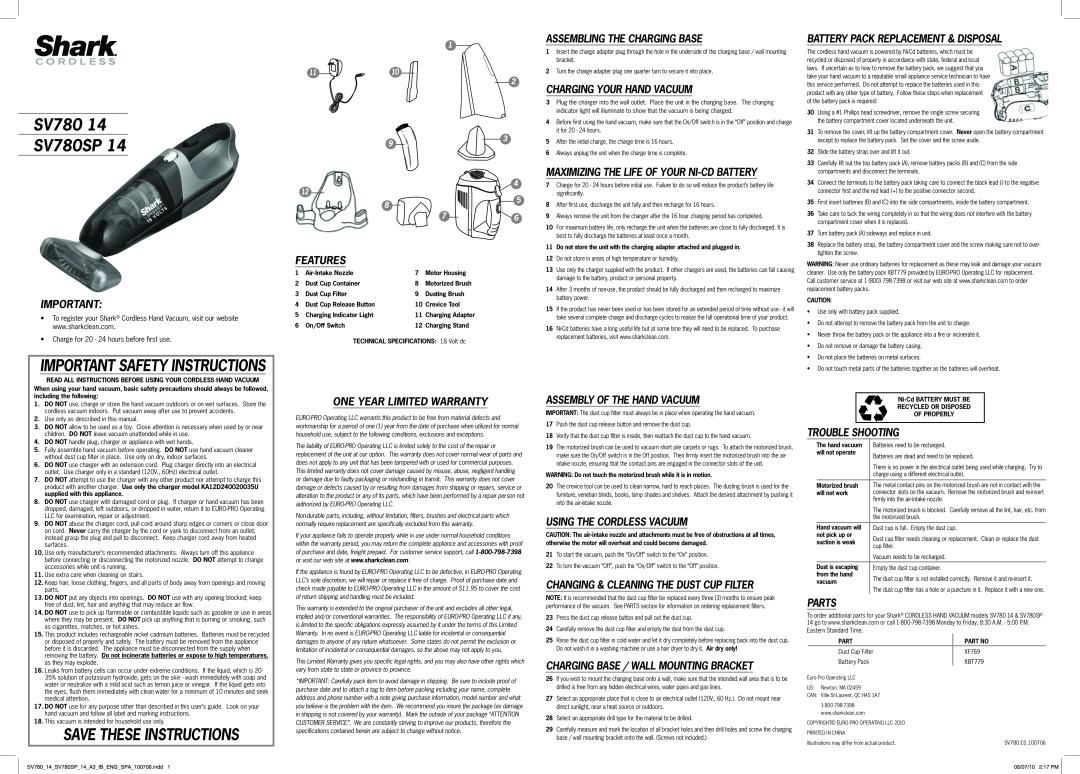 Shark SV780 14 important safety instructions SV780 SV780SP, Important Safety Instructions, Save These Instructions 