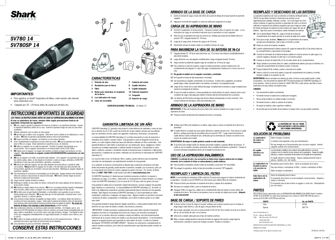Shark SV780SP 14, SV780 14 important safety instructions Conserve Estas Instrucciones, SV780 SV780SP 