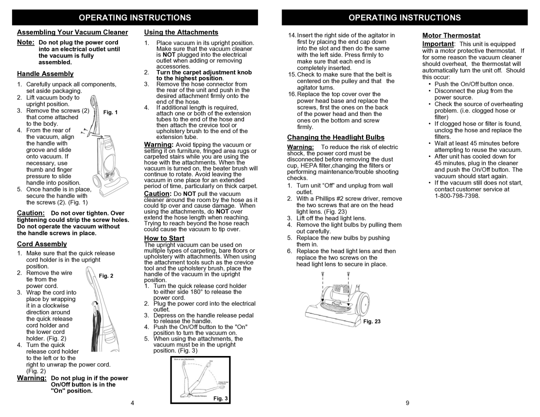 Shark UV219CS owner manual Operating Instructions 