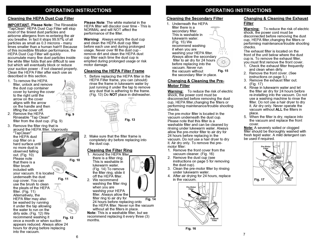 Shark UV219CS owner manual Cleaning the Hepa Dust Cup Filter, Cleaning the Hepa Filter Frame, Cleaning the Filter Ring 