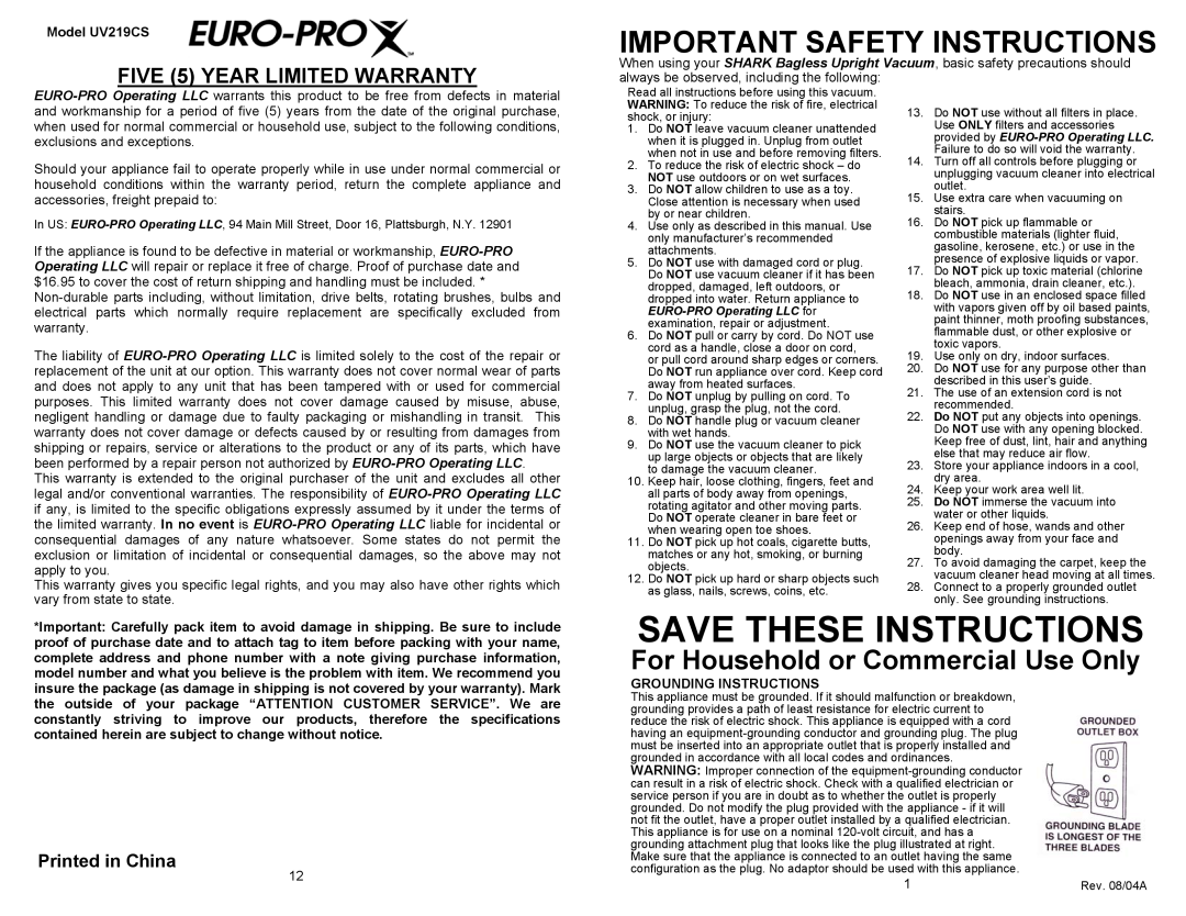 Shark UV219CS Important Safety Instructions, FIVE 5 YEAR LIMITED WARRANTY, Printed in China, Save These Instructions 
