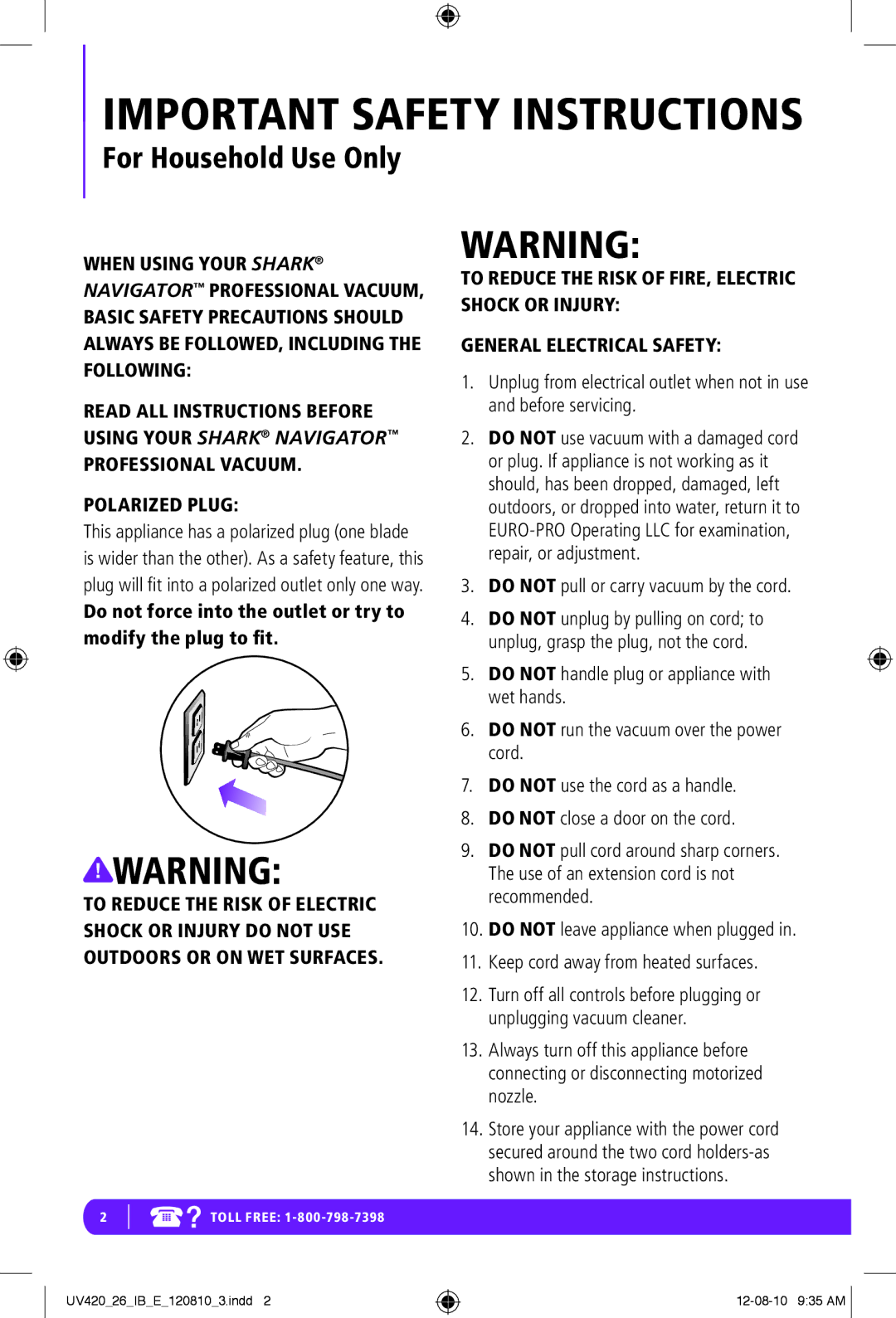 Shark UV420 manual Important Safety Instructions 