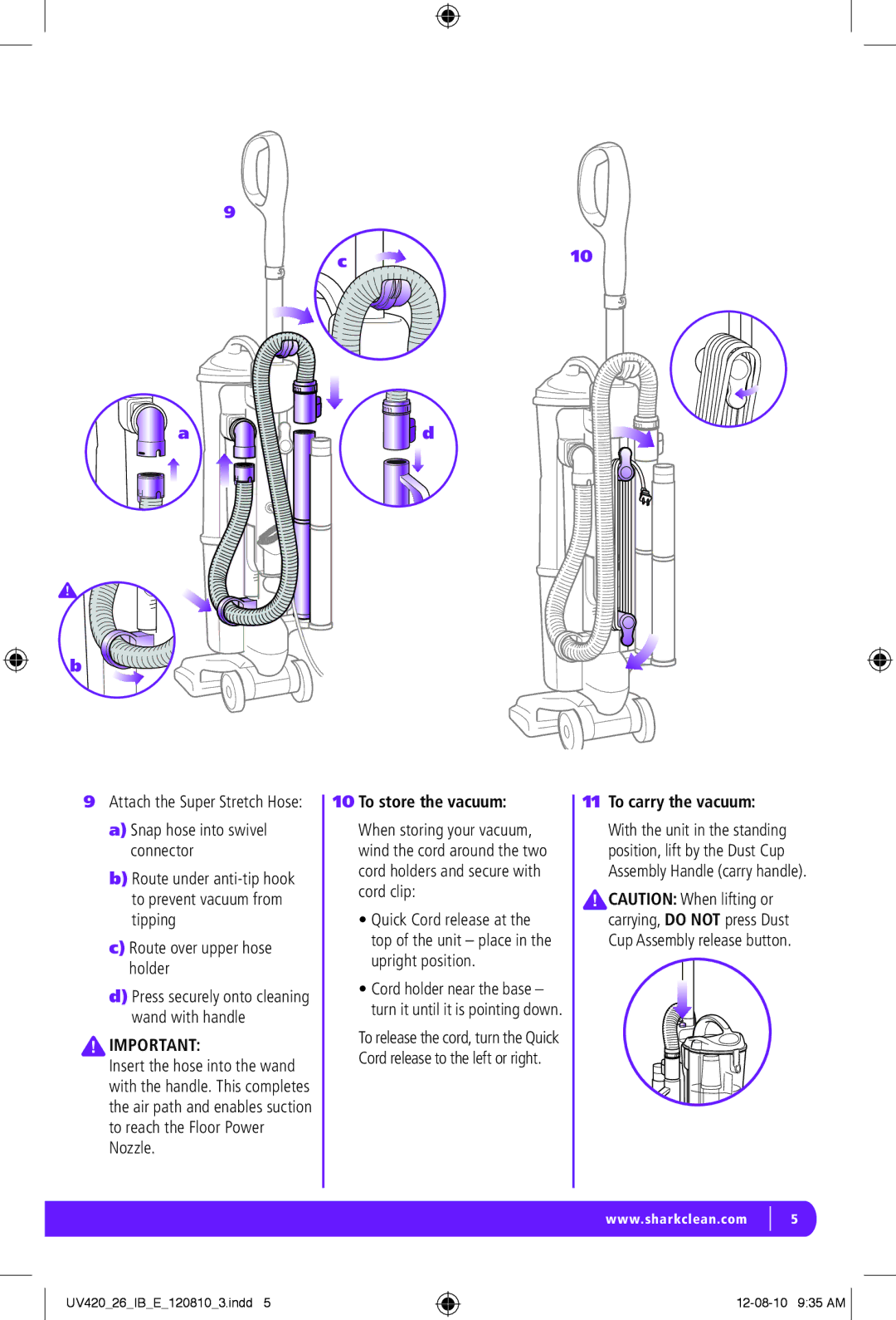 Shark UV420 manual To store the vacuum, To carry the vacuum 