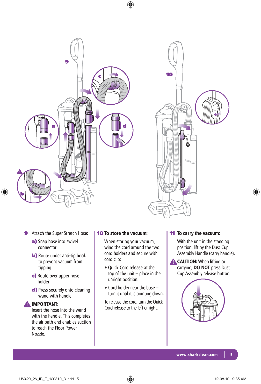 Shark UV420 manual a Snap hose into swivel connector, b Route under anti-tip hook to prevent vacuum from tipping 