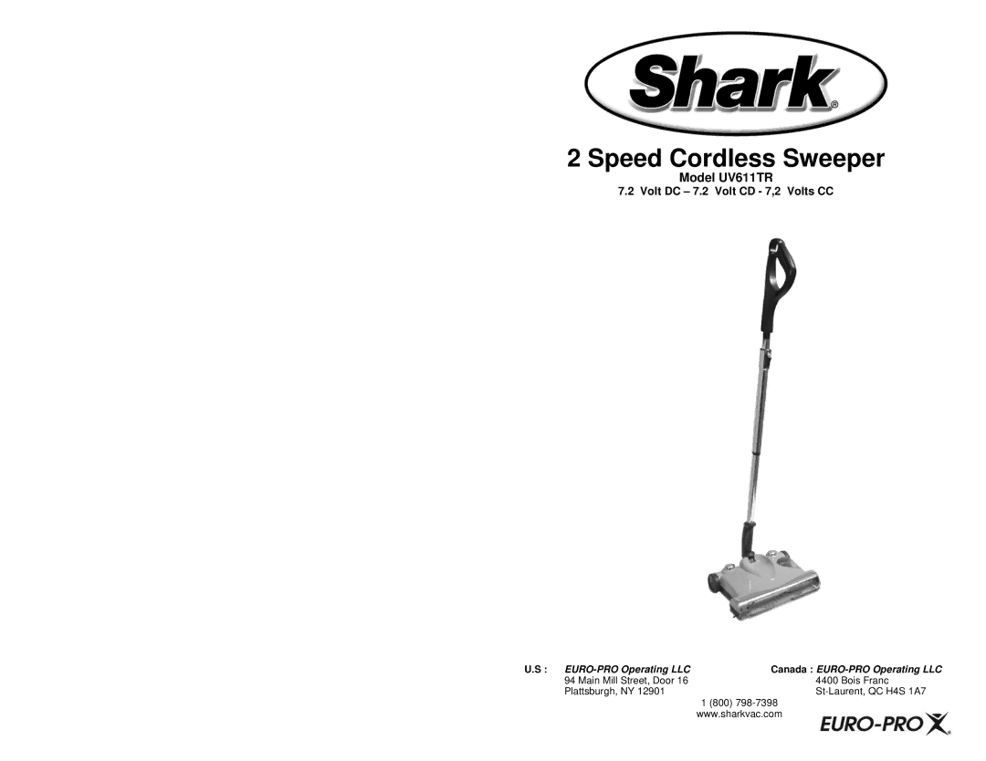 Shark manual Model UV611TR, Volt DC 7.2 Volt CD 7,2 Volts CC 