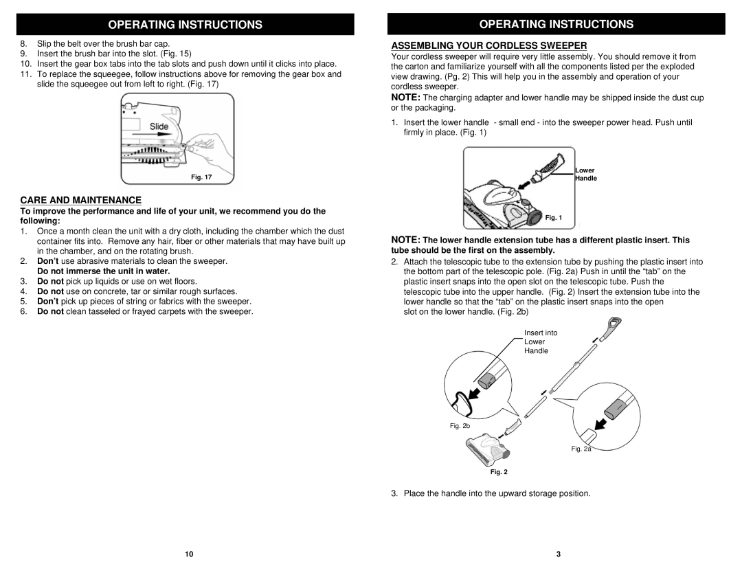 Shark UV611TR manual Care and Maintenance, Assembling Your Cordless Sweeper, Do not immerse the unit in water 