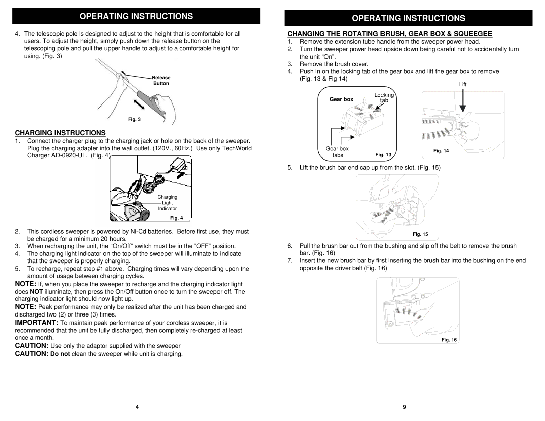 Shark UV611TR manual Charging Instructions, Changing the Rotating BRUSH, Gear BOX & Squeegee 