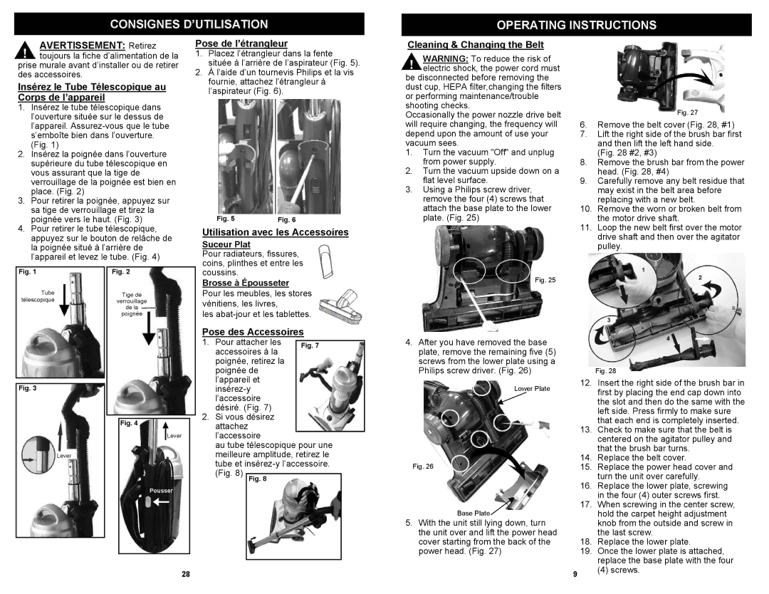 Shark V1310C, V1310RS Avertissement Retirez, Insérez le Tube Télescopique au Corps de l’appareil, Pose de l’étrangleur 