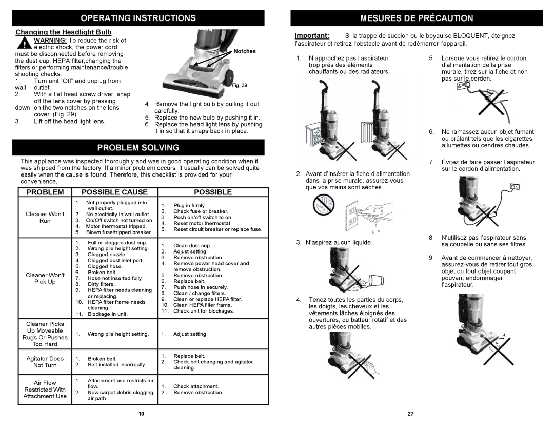 Shark V1310C, V1310RS Operating Instructions Mesures DE Précaution, Problem Solving, Changing the Headlight Bulb 