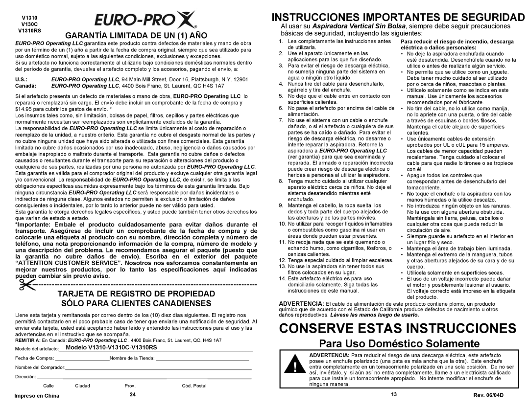 Shark V1310C, V1310RS Conserve Estas Instrucciones, Garantía Limitada DE UN 1 AÑO, Tarjeta DE Registro DE Propiedad 