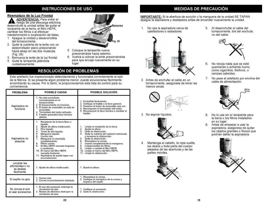 Shark V1310C, V1310RS Instrucciones DE USO Medidas DE Precaución, Resolución DE Problemas, Reemplazo de la Luz Frontal 