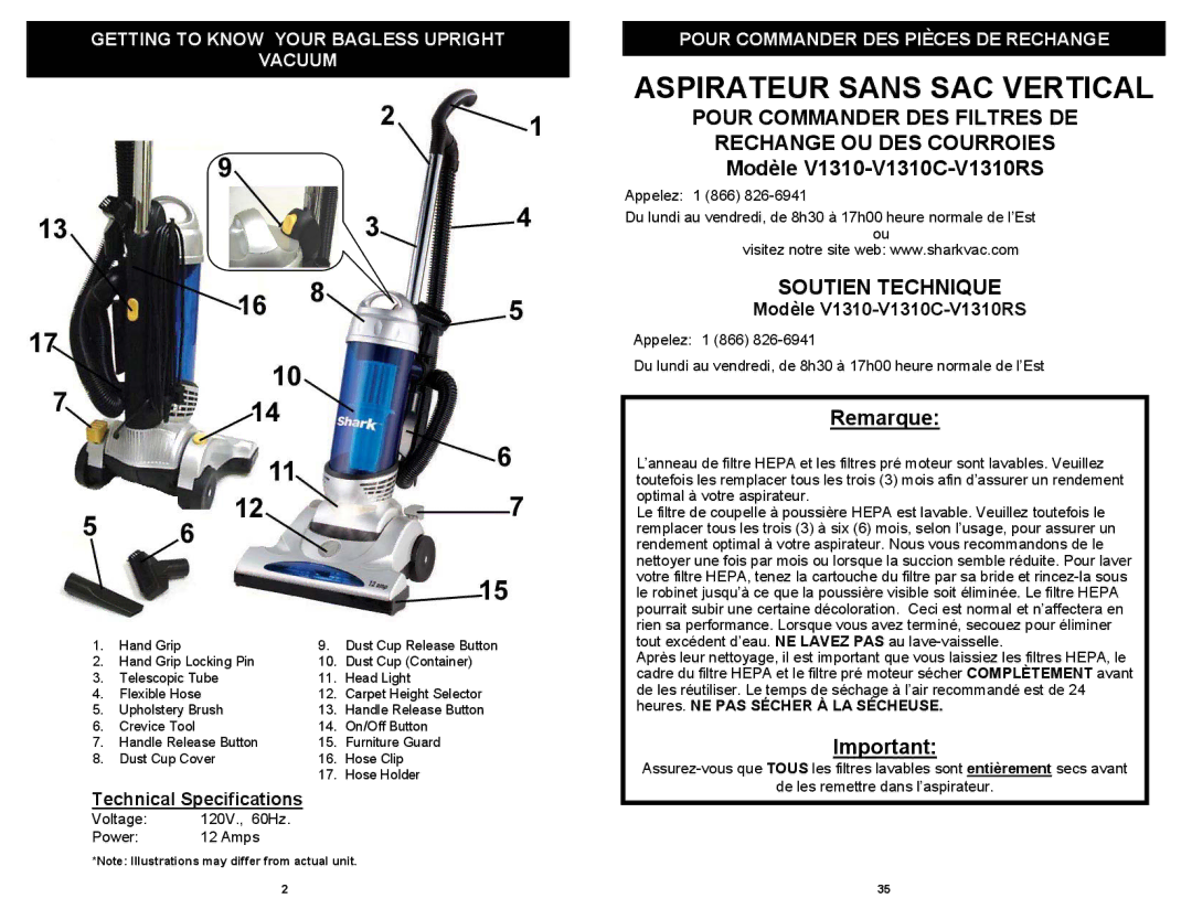 Shark V1310RS Aspirateur Sans SAC Vertical, Pour Commander DES Filtres DE Rechange OU DES Courroies, Soutien Technique 