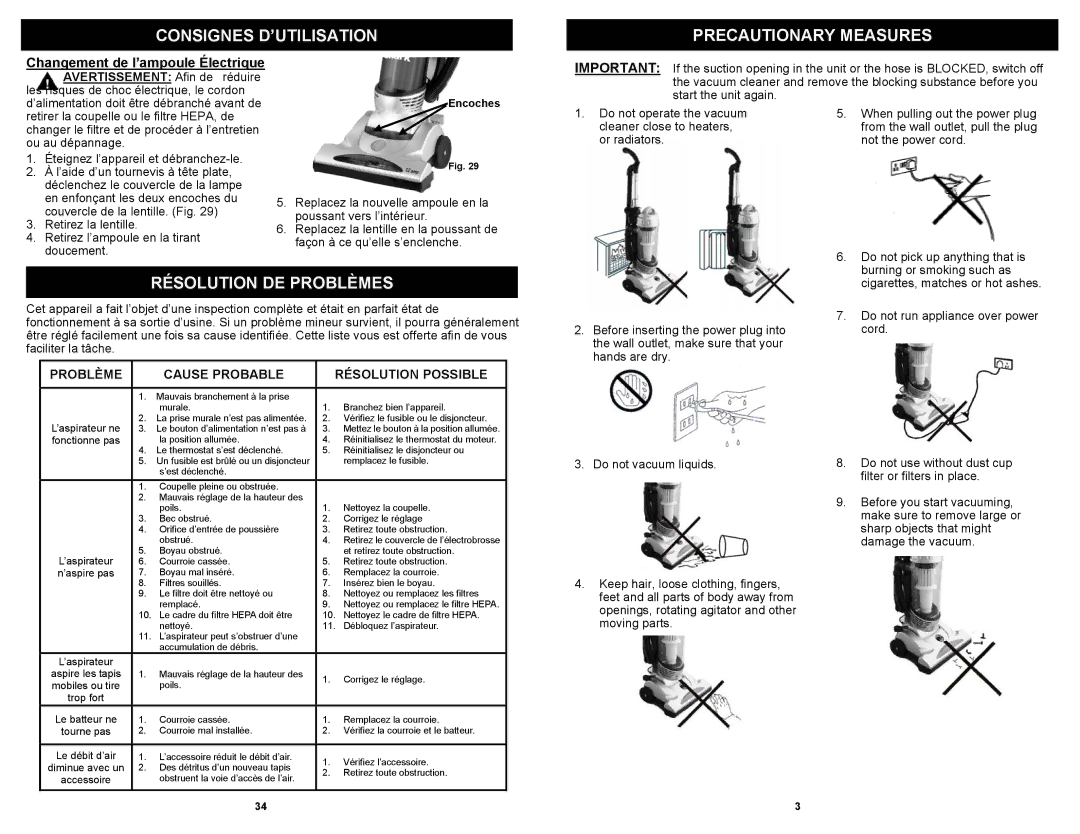 Shark V1310 Consignes D’UTILISATION Precautionary Measures, Résolution DE Problèmes, Changement de l’ampoule Électrique 