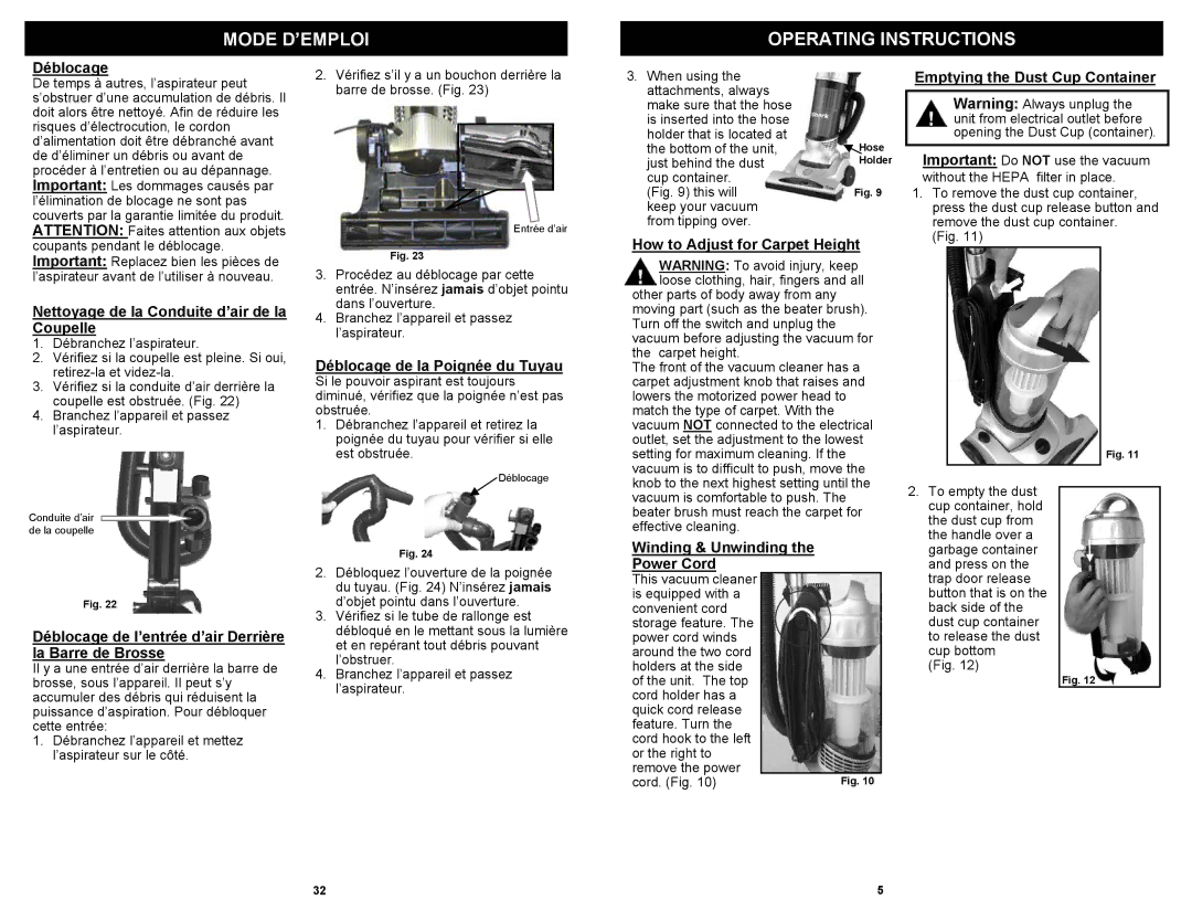 Shark V1310RS, V1310C owner manual Mode D’EMPLOI Operating Instructions 