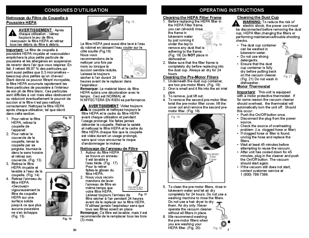 Shark V1310C, V1310RS owner manual Consignes D’UTILISATION Operating Instructions 