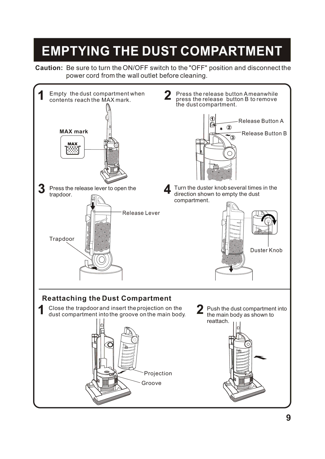 Shark V1315 instruction manual Emptying the Dust Compartment, Power cord from the wall outlet before cleaning 