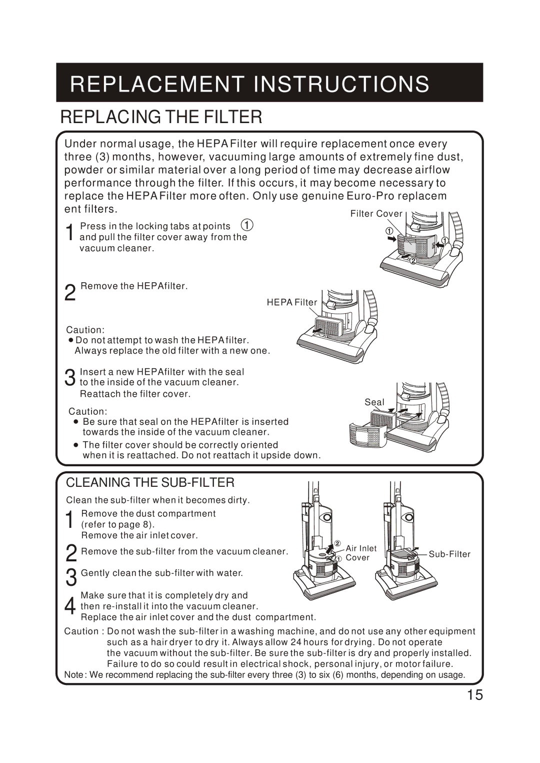 Shark V1315 instruction manual Replacing the Filter, Cleaning the SUB-FILTER 