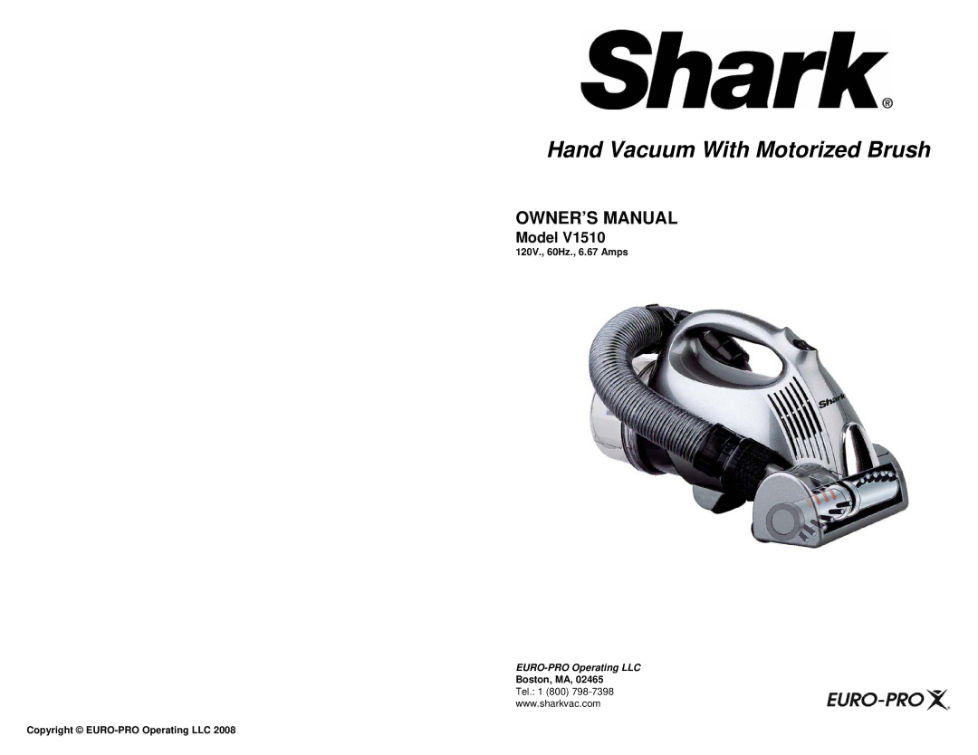 Shark V1510 owner manual Hand Vacuum With Motorized Brush, Model 