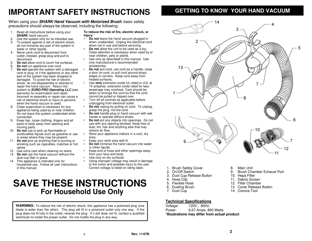 Shark V1510 owner manual Getting to Know Your Hand Vacuum, Technical Specifications 