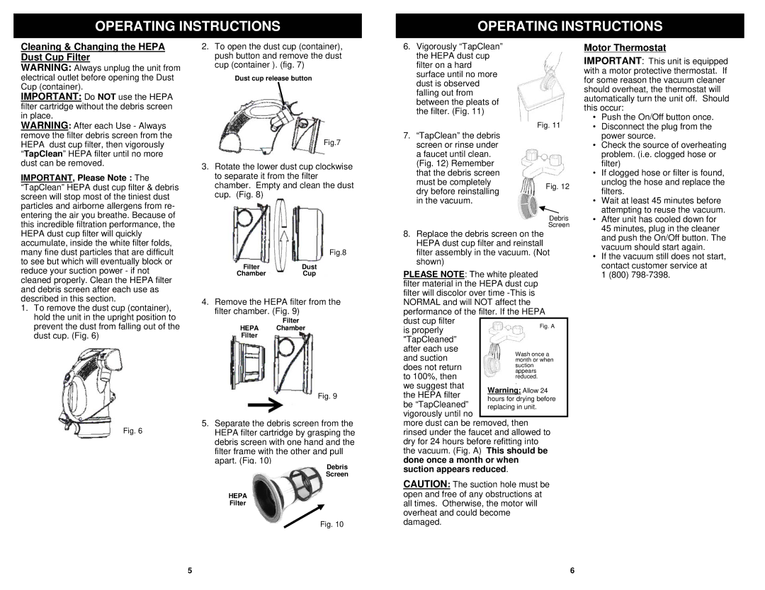 Shark V1510 owner manual Cleaning & Changing the Hepa Dust Cup Filter, Motor Thermostat 