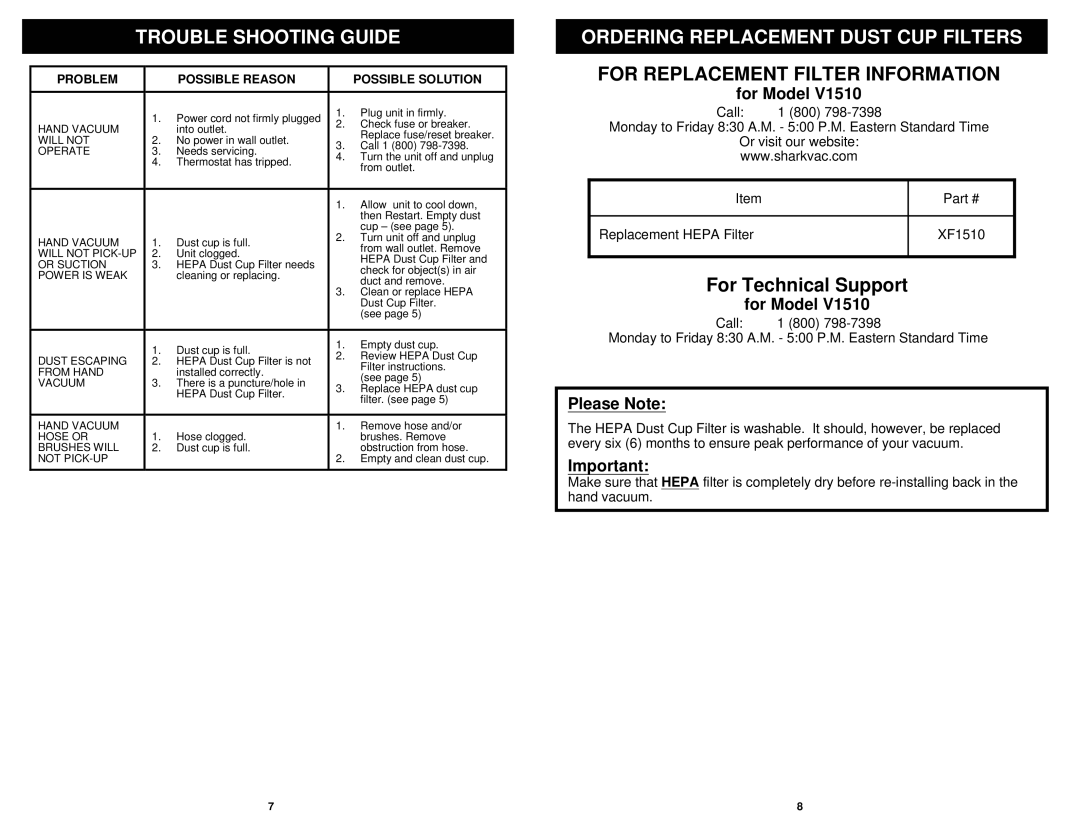 Shark V1510 Trouble Shooting Guide, Ordering Replacement Dust CUP Filters, For Replacement Filter Information, For Model 
