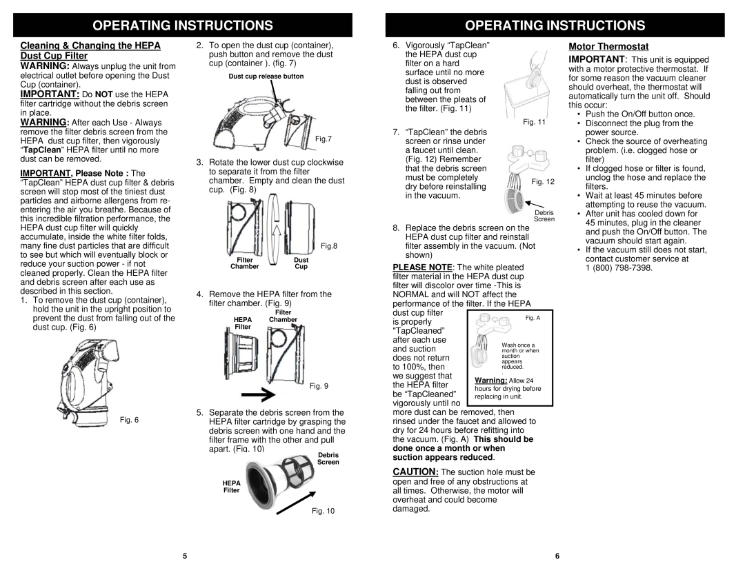 Shark V1510 owner manual Cleaning & Changing the HEPA Dust Cup Filter, Motor Thermostat, Operating Instructions 