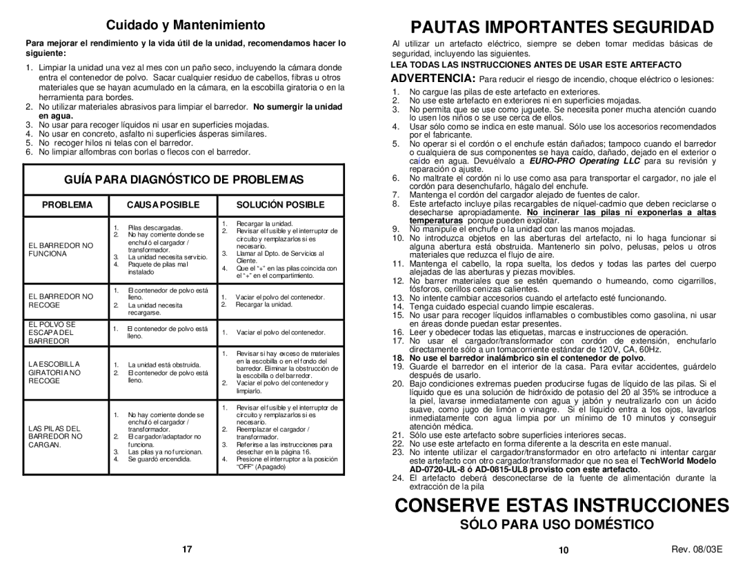 Shark V1725 owner manual Conserve Estas Instrucciones, Cuidado y Mantenimiento, Sólo Para USO Doméstico 