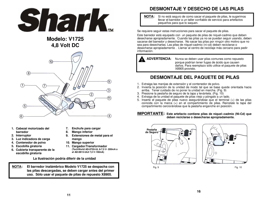 Shark V1725 owner manual Modelo Volt DC, Desmontaje Y Desecho DE LAS Pilas, Desmontaje DEL Paquete DE Pilas 