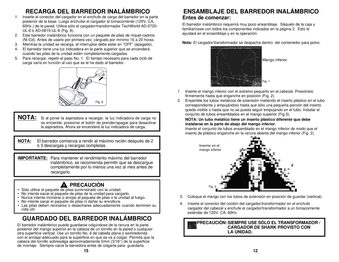 Shark V1725 Recarga DEL Barredor Inalámbrico, Guardado DEL Barredor Inalámbrico, Ensamblaje DEL Barredor Inalámbrico 