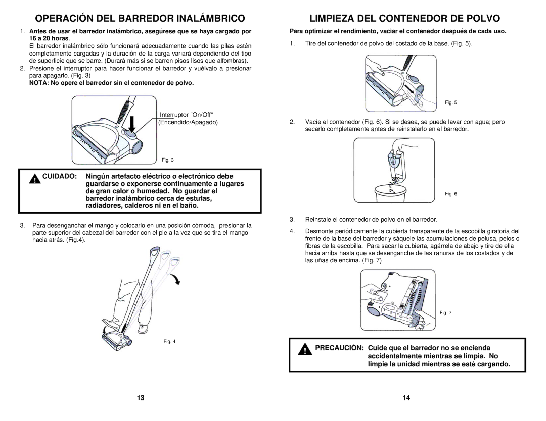 Shark V1725 owner manual Operación DEL Barredor Inalámbrico, Limpieza DEL Contenedor DE Polvo 