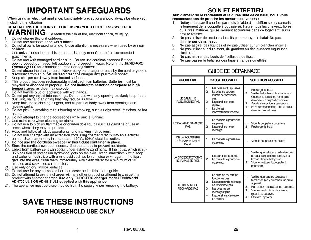 Shark V1725 Important Safeguards, For Household USE only Soin ET Entretien, Problème Cause Possible Solution Possible 