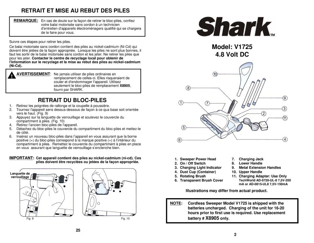 Shark V1725 owner manual Model Volt DC, Retrait ET Mise AU Rebut DES Piles, Retrait DU BLOC-PILES 