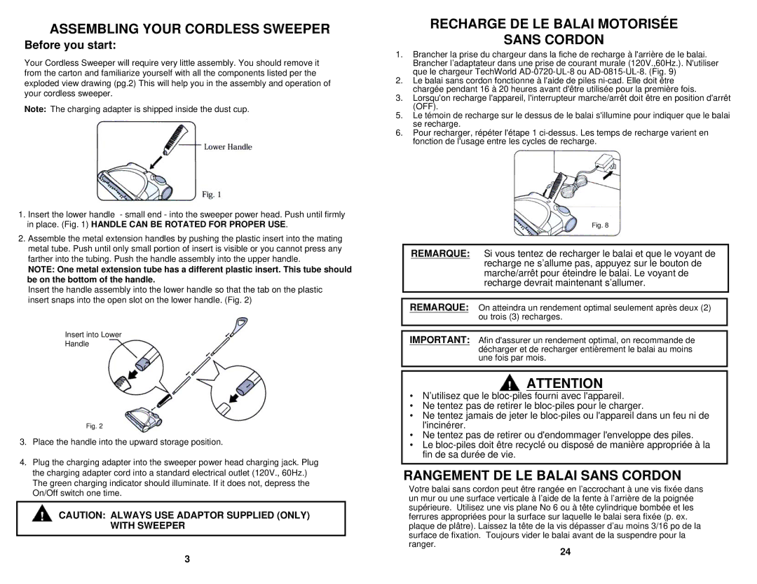 Shark V1725 owner manual Assembling Your Cordless Sweeper, Recharge DE LE Balai Motorisée Sans Cordon, Before you start 