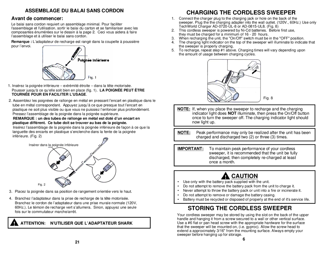 Shark V1725 owner manual Charging the Cordless Sweeper, Storing the Cordless Sweeper 