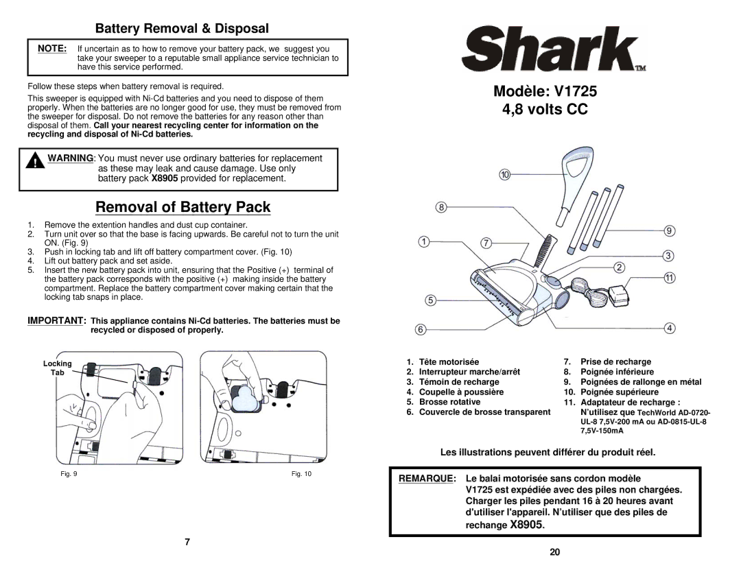 Shark V1725 owner manual Removal of Battery Pack, Modèle Volts CC, Battery Removal & Disposal 